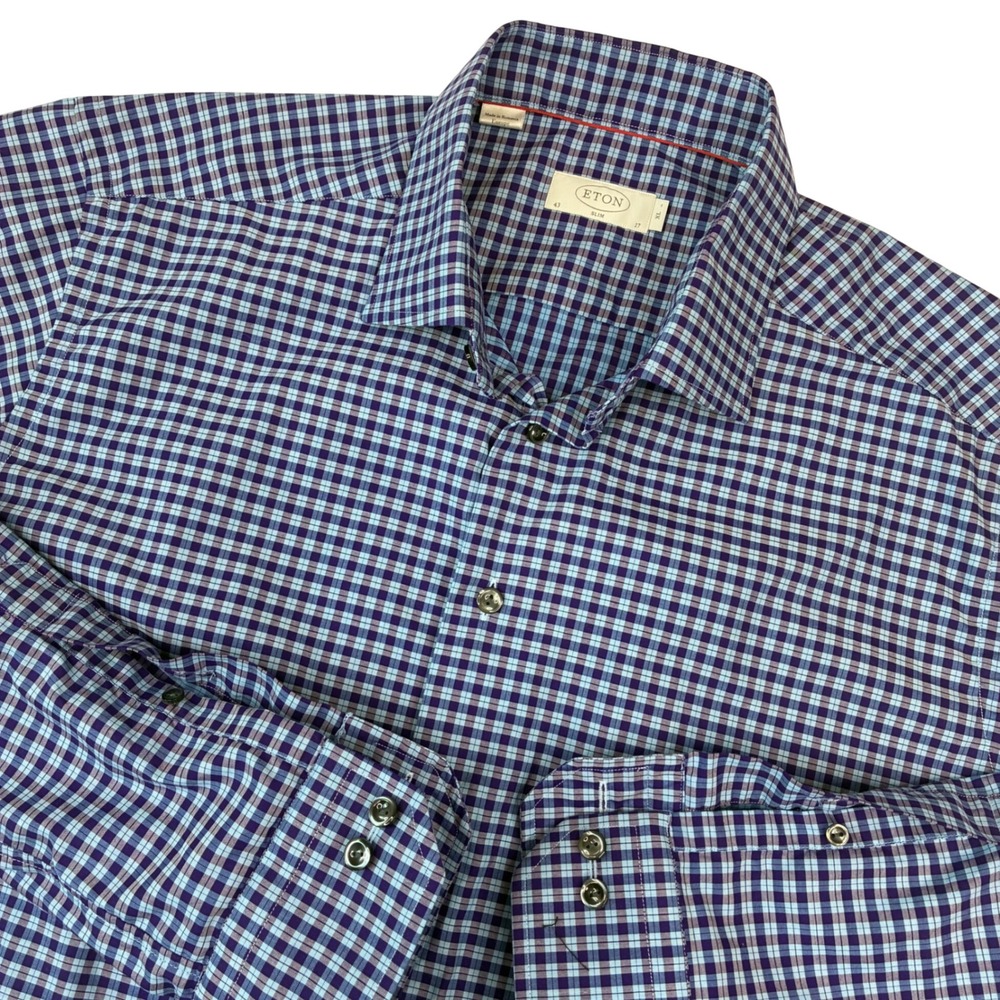Eton Dress Shirt Mens XL 17 Purple Blue Check Slim Fit Long Sleeve Cotton Luxury